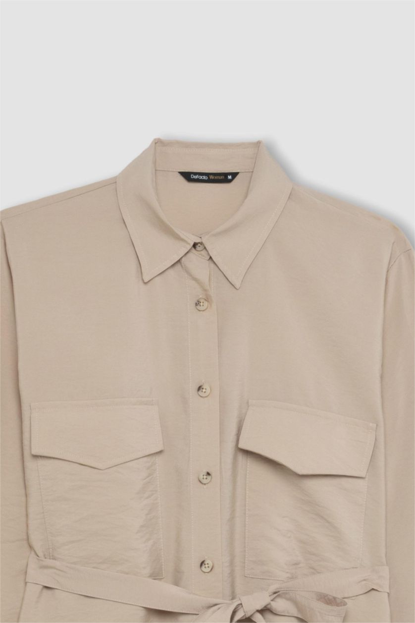 WOMAN Beige Regular Fit Long Sleeve Belted Shirt Tunic