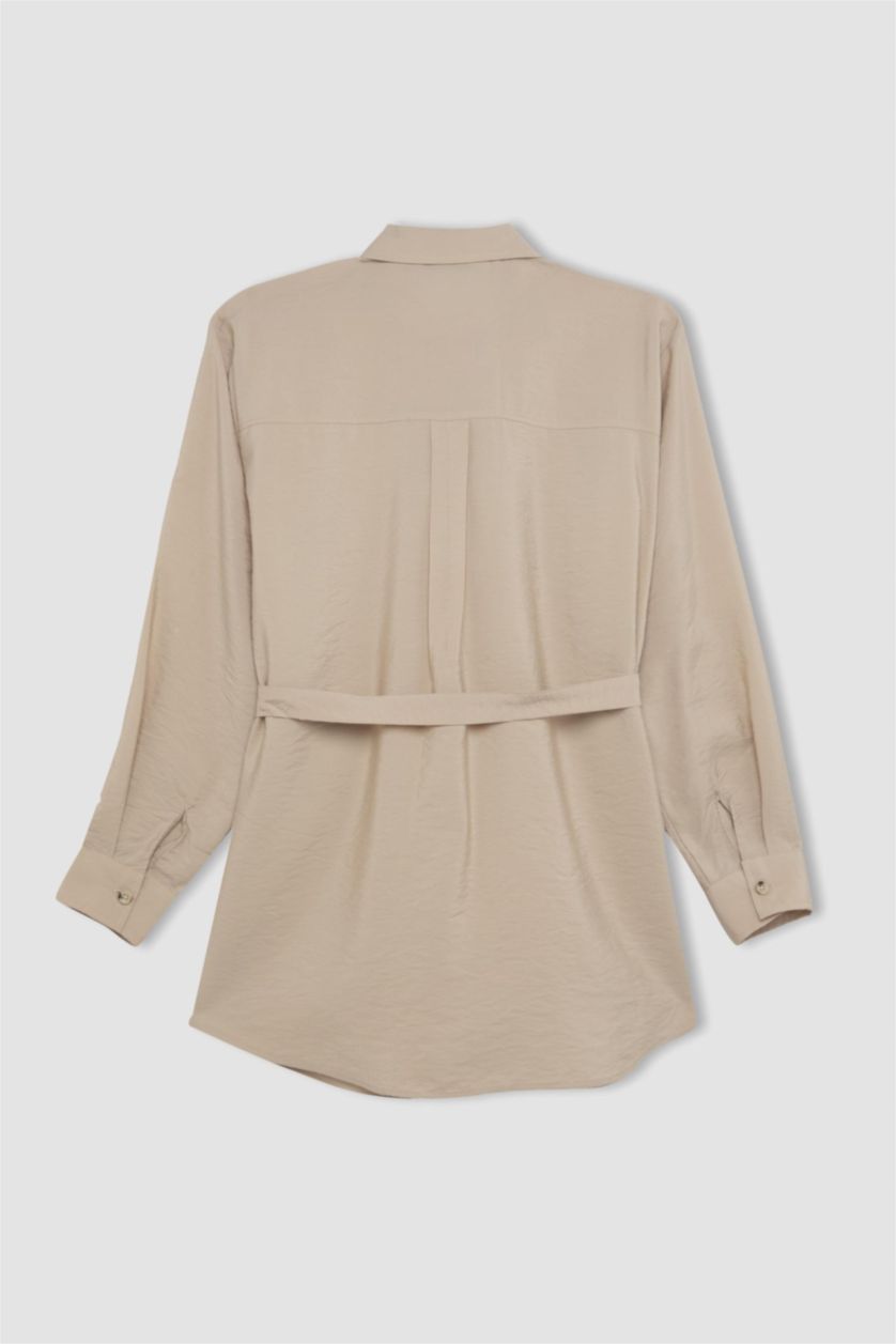 WOMAN Beige Regular Fit Long Sleeve Belted Shirt Tunic