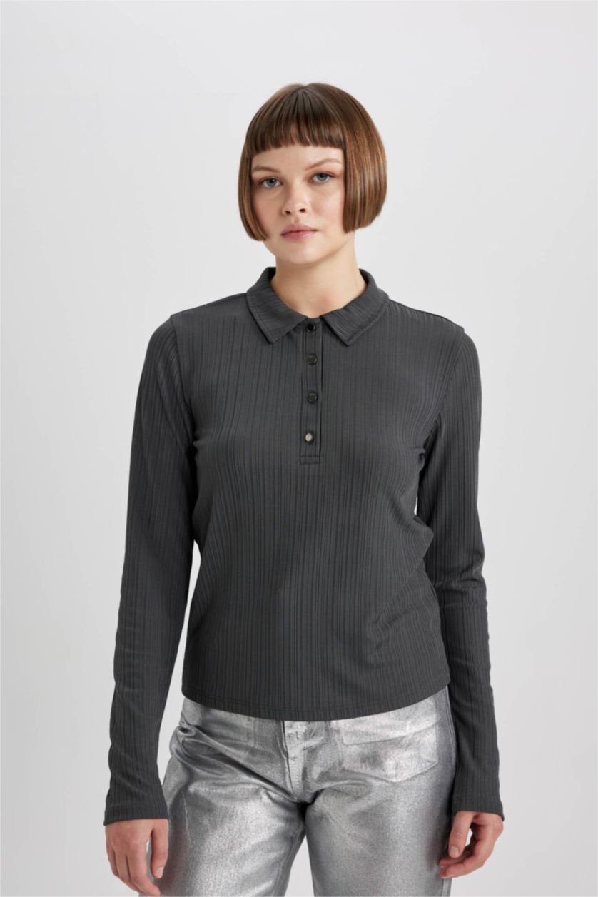 نساء أنثرا تي شيرت بولو كم طويل سليم فيت