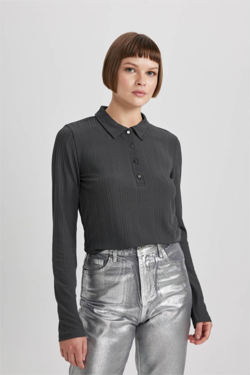 نساء أنثرا تي شيرت بولو كم طويل سليم فيت