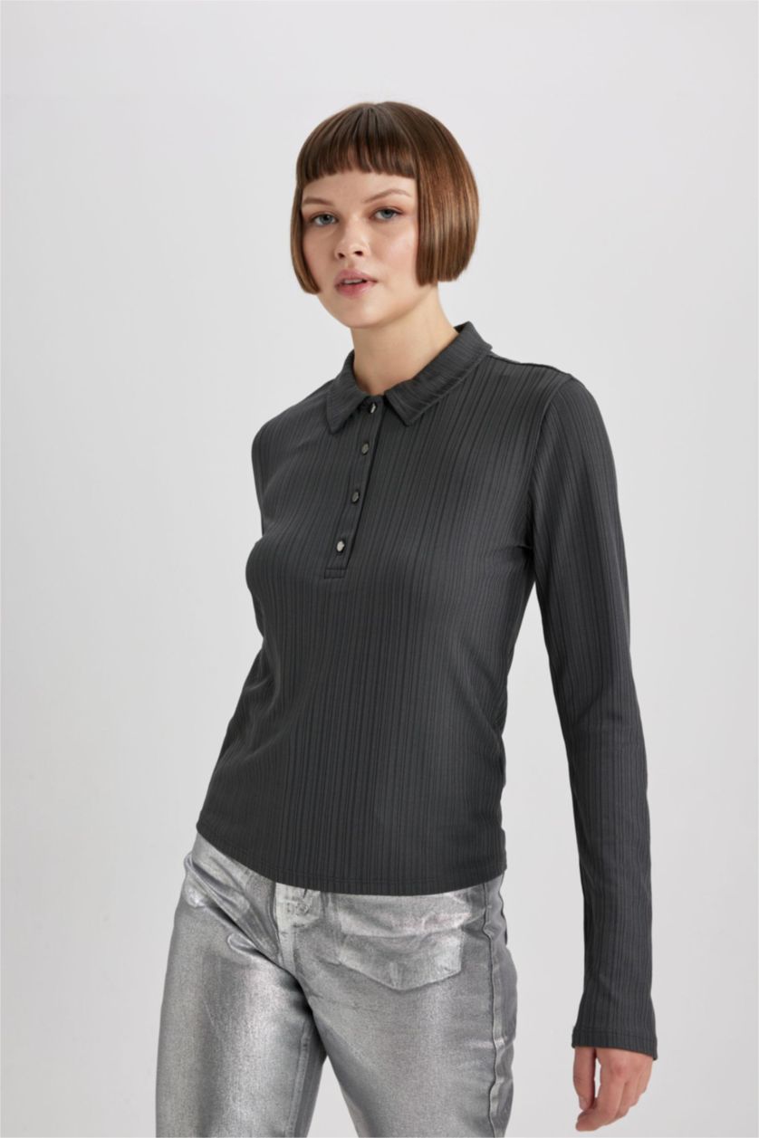 نساء أنثرا تي شيرت بولو كم طويل سليم فيت