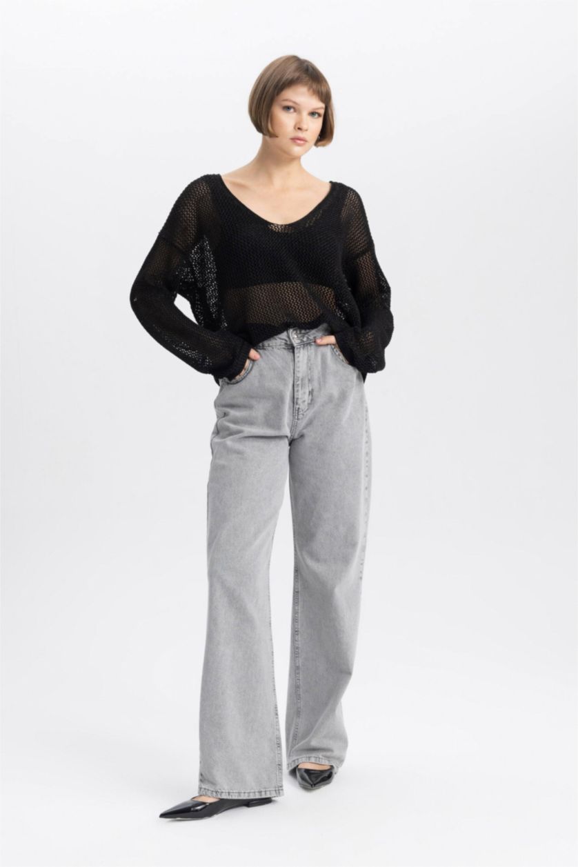 WOMAN Black Boat Neck Shiny Fabric Knitted Pullover