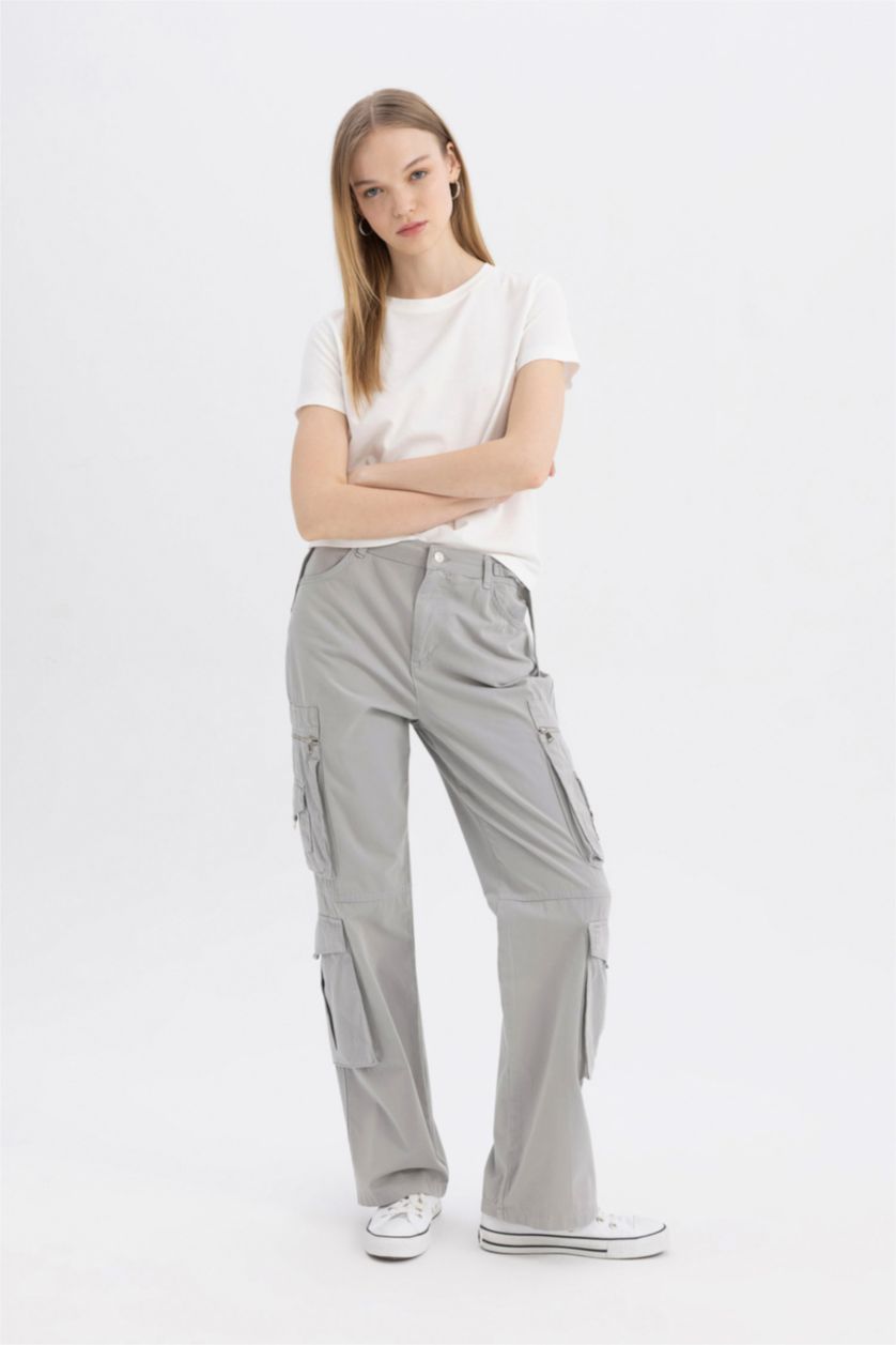 WOMAN Light Grey Straight Fit Cargo Gabardine Trousers