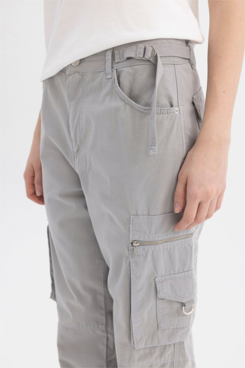 WOMAN Light Grey Straight Fit Cargo Gabardine Trousers