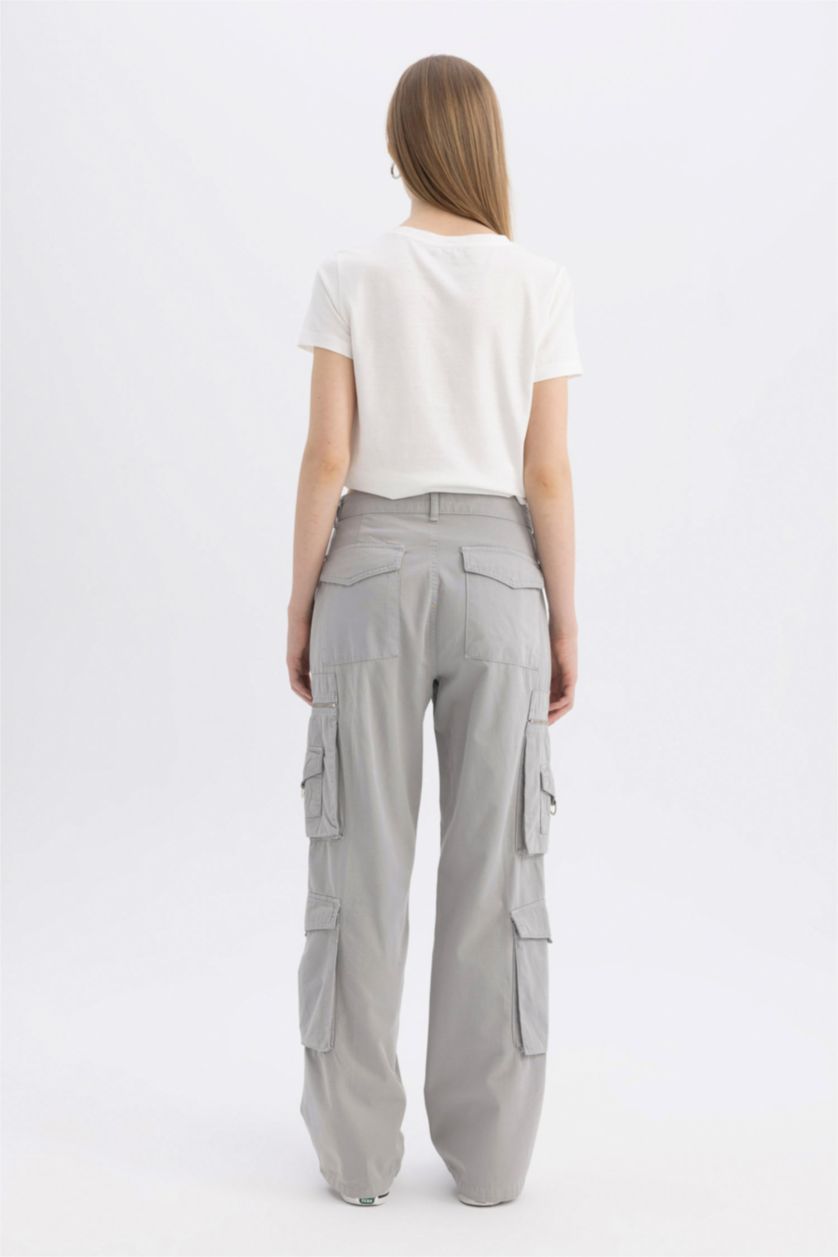WOMAN Light Grey Straight Fit Cargo Gabardine Trousers