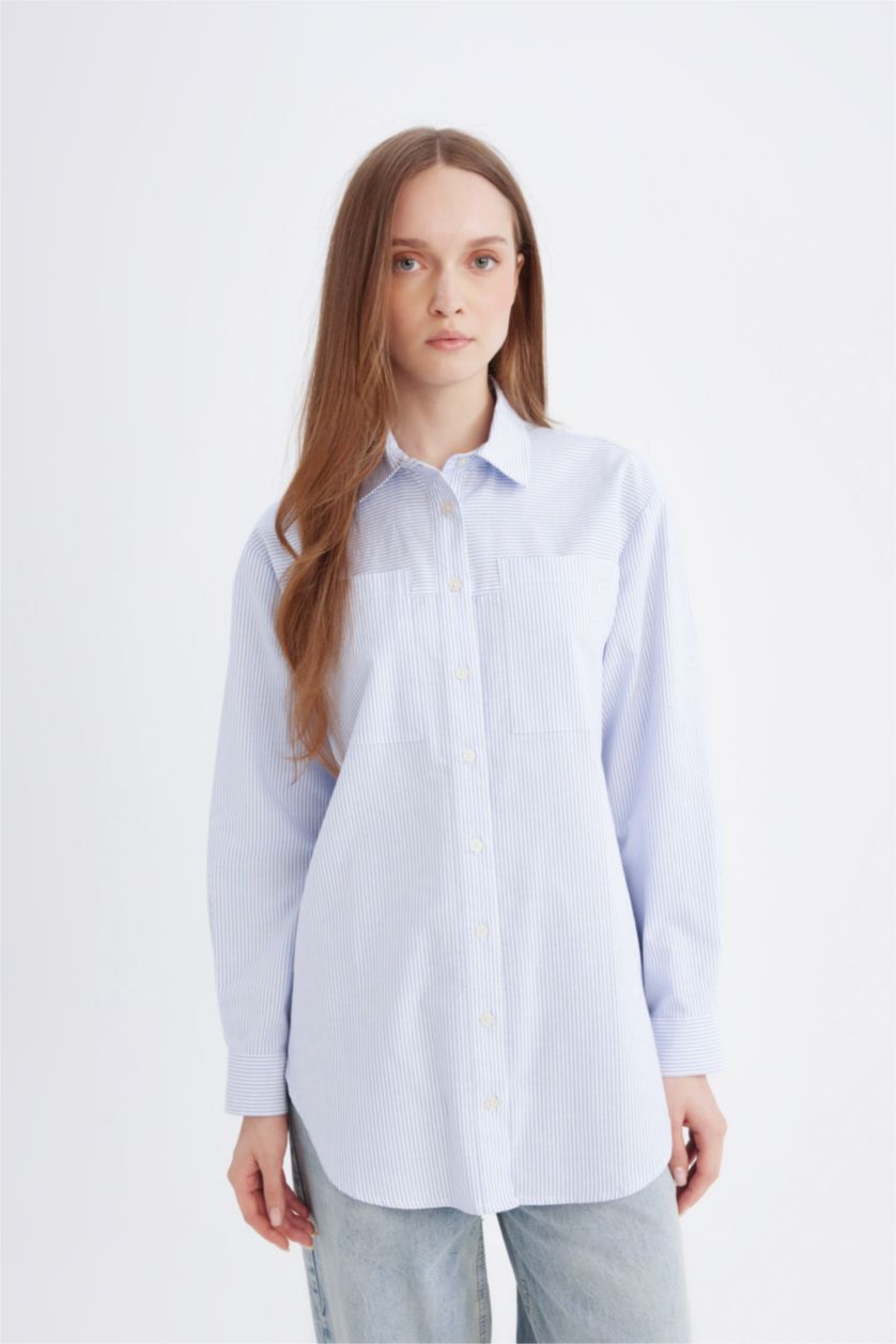 نساء أبيض قميص بوبلين طويل مخطط بقصة مريحة