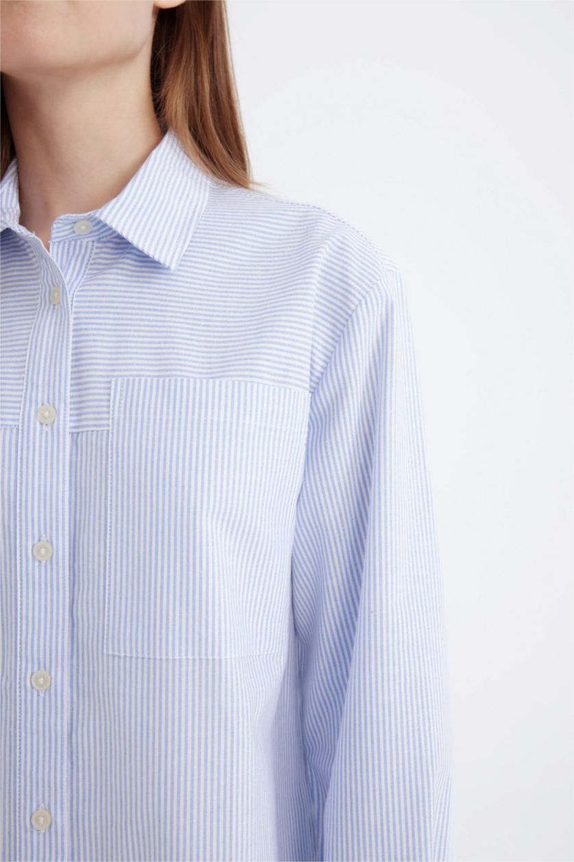 نساء أبيض قميص بوبلين طويل مخطط بقصة مريحة