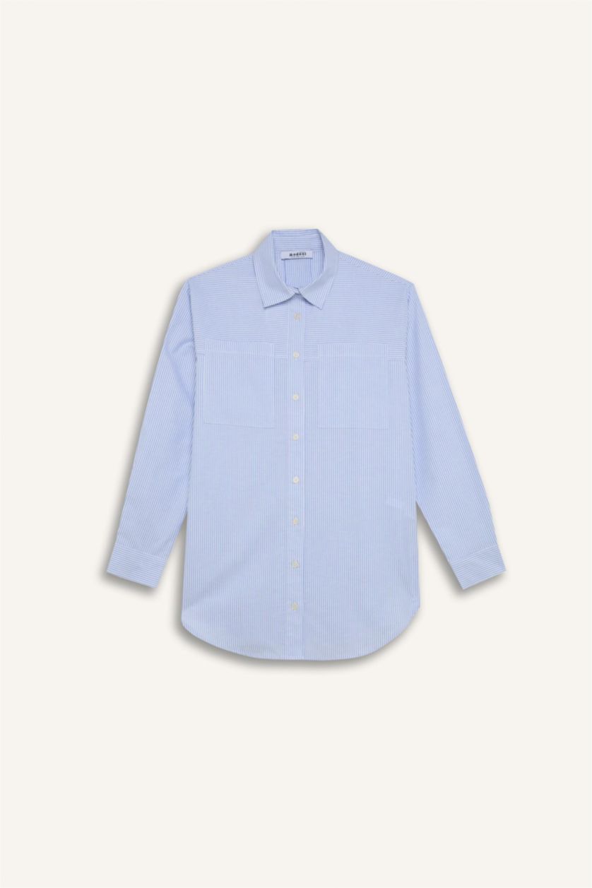 نساء أبيض قميص بوبلين طويل مخطط بقصة مريحة