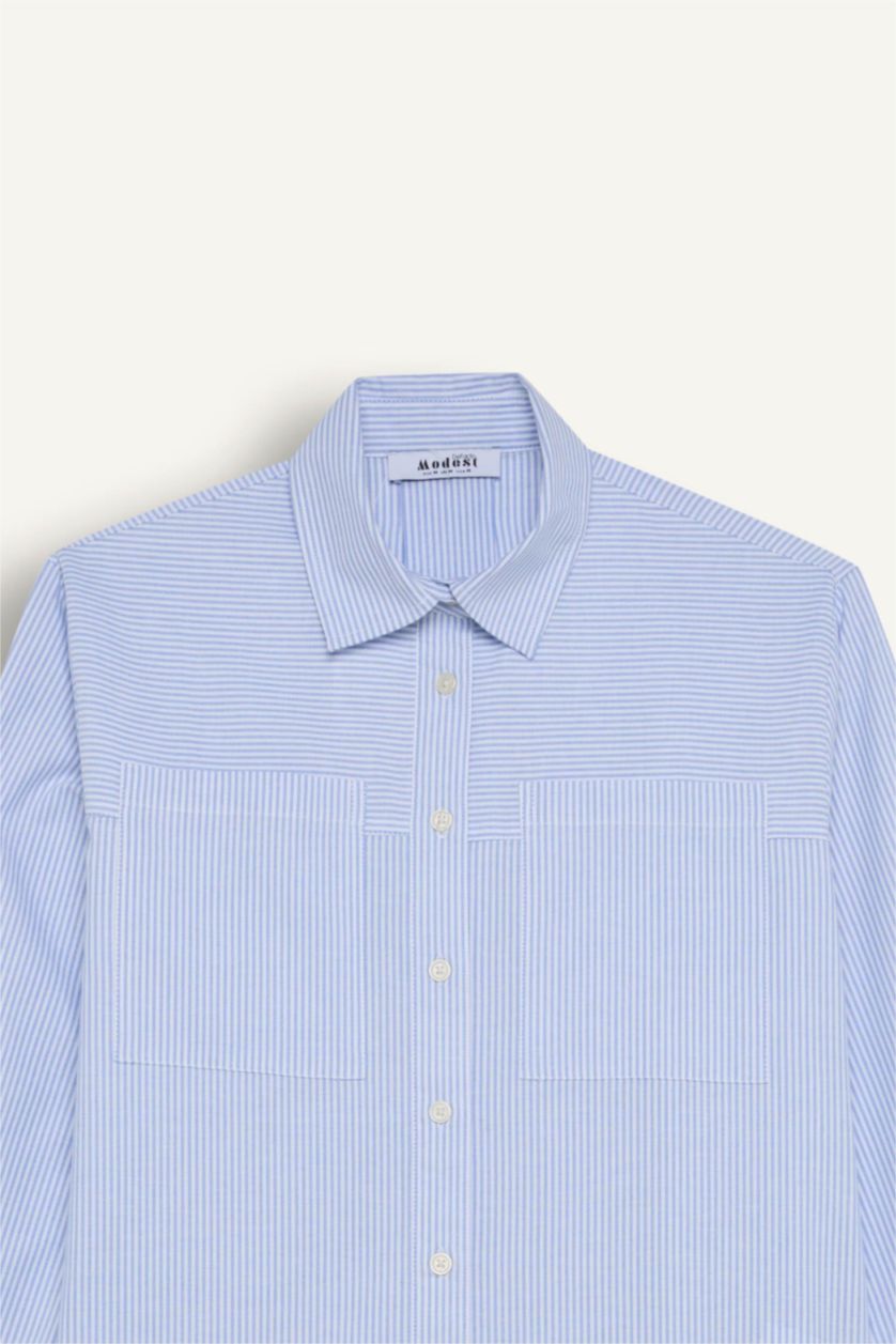 نساء أبيض قميص بوبلين طويل مخطط بقصة مريحة