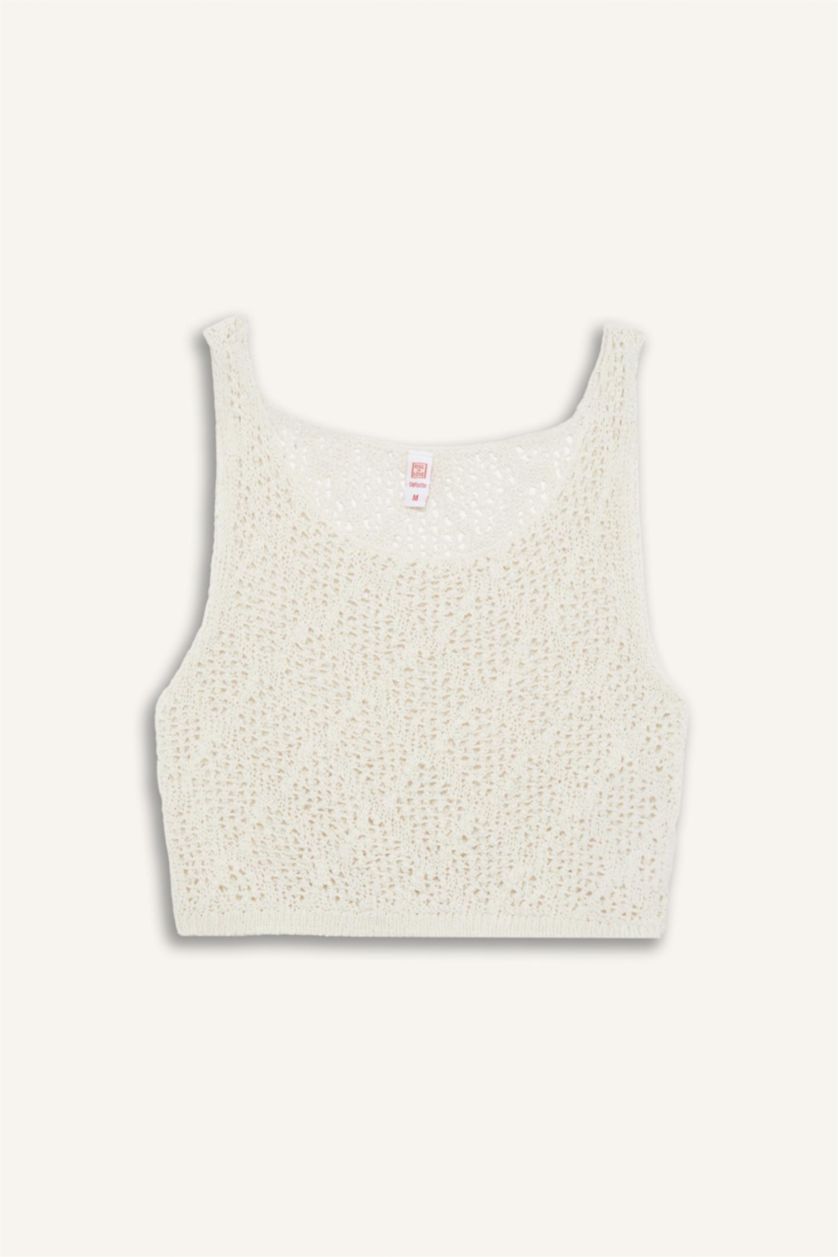 Kadın Ekru Yuvarlak Yaka Crop Kolsuz Triko Beyaz Plaj Üstü