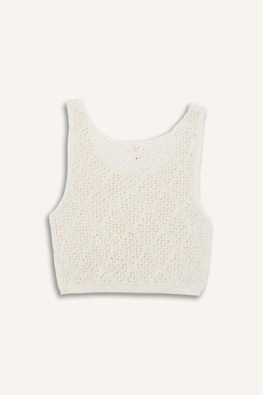 Kadın Ekru Yuvarlak Yaka Crop Kolsuz Triko Beyaz Plaj Üstü