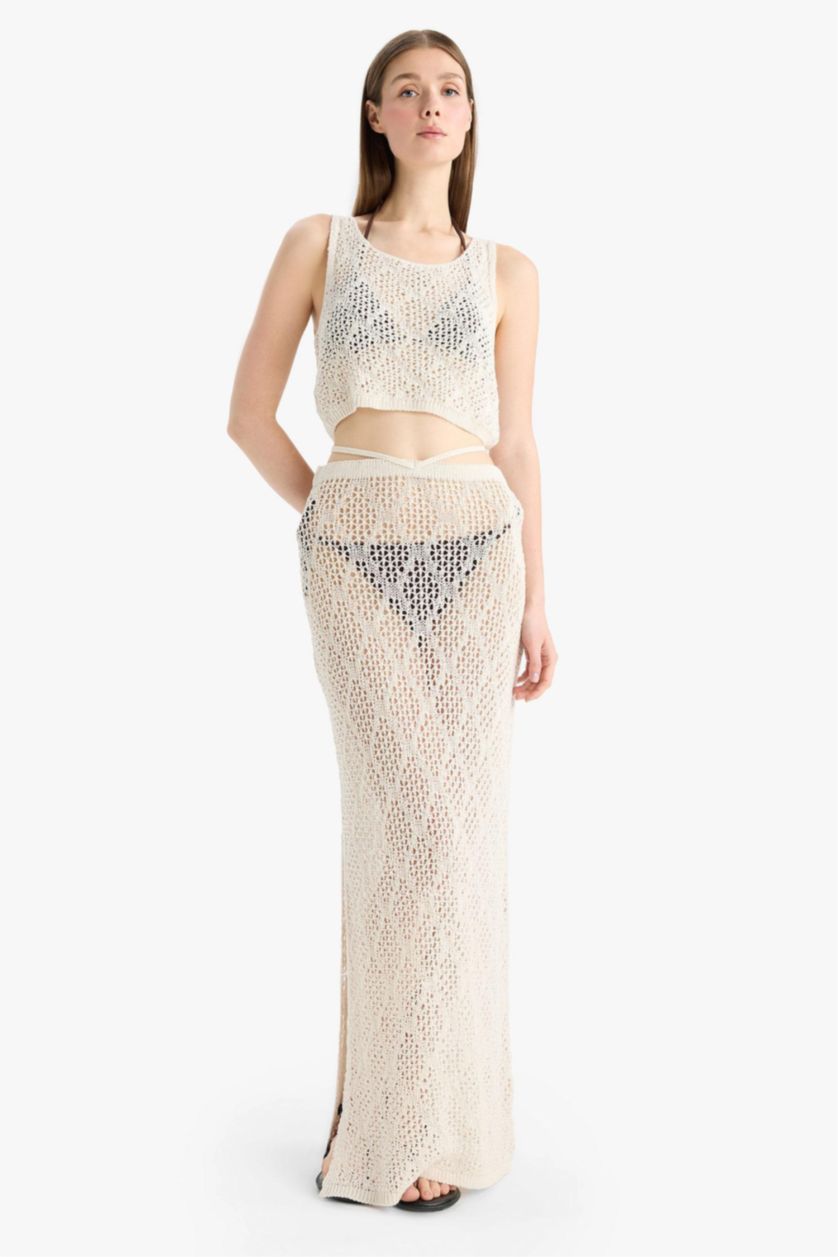 Kadın Ekru Regular Fit Ajurlu Triko Maxi Plaj Eteği