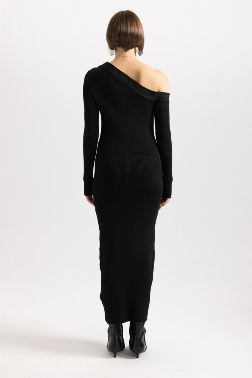 Woman Black Slim Fit Ribana Dress