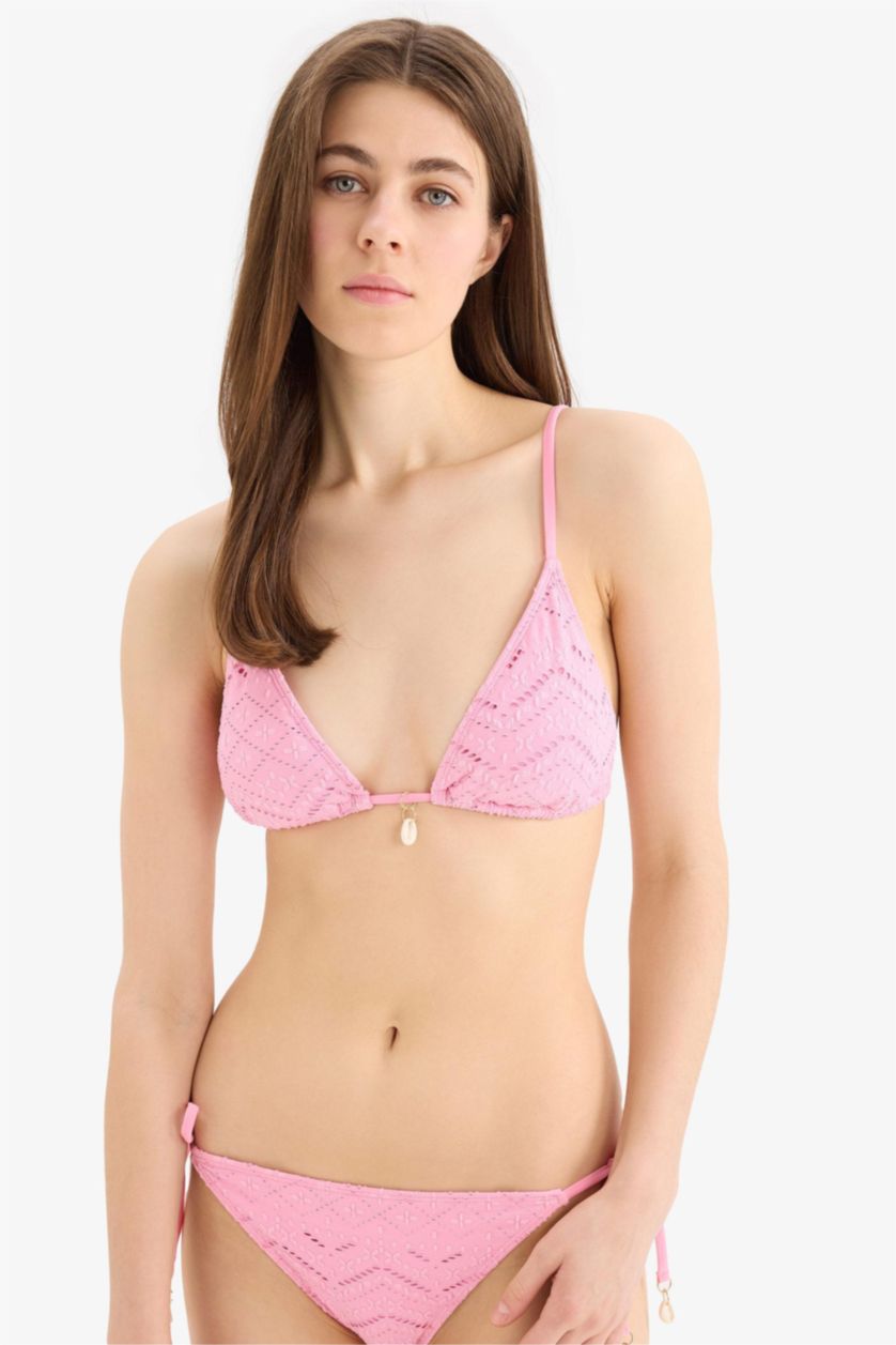 Woman Pink Fall in Love Regular Fit Brode Triangle Bikini Top