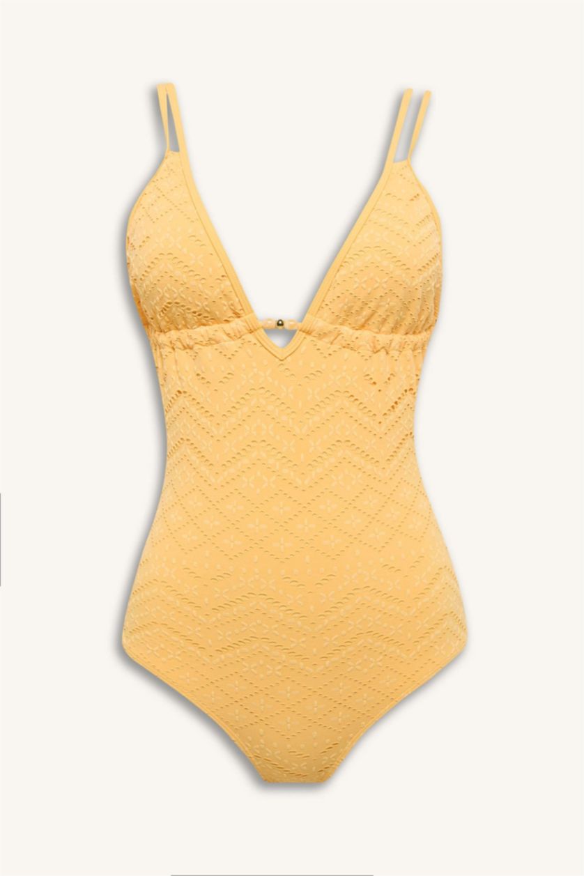 Kadın Sarı Regular Fit Nakışlı Brodeli Mayo