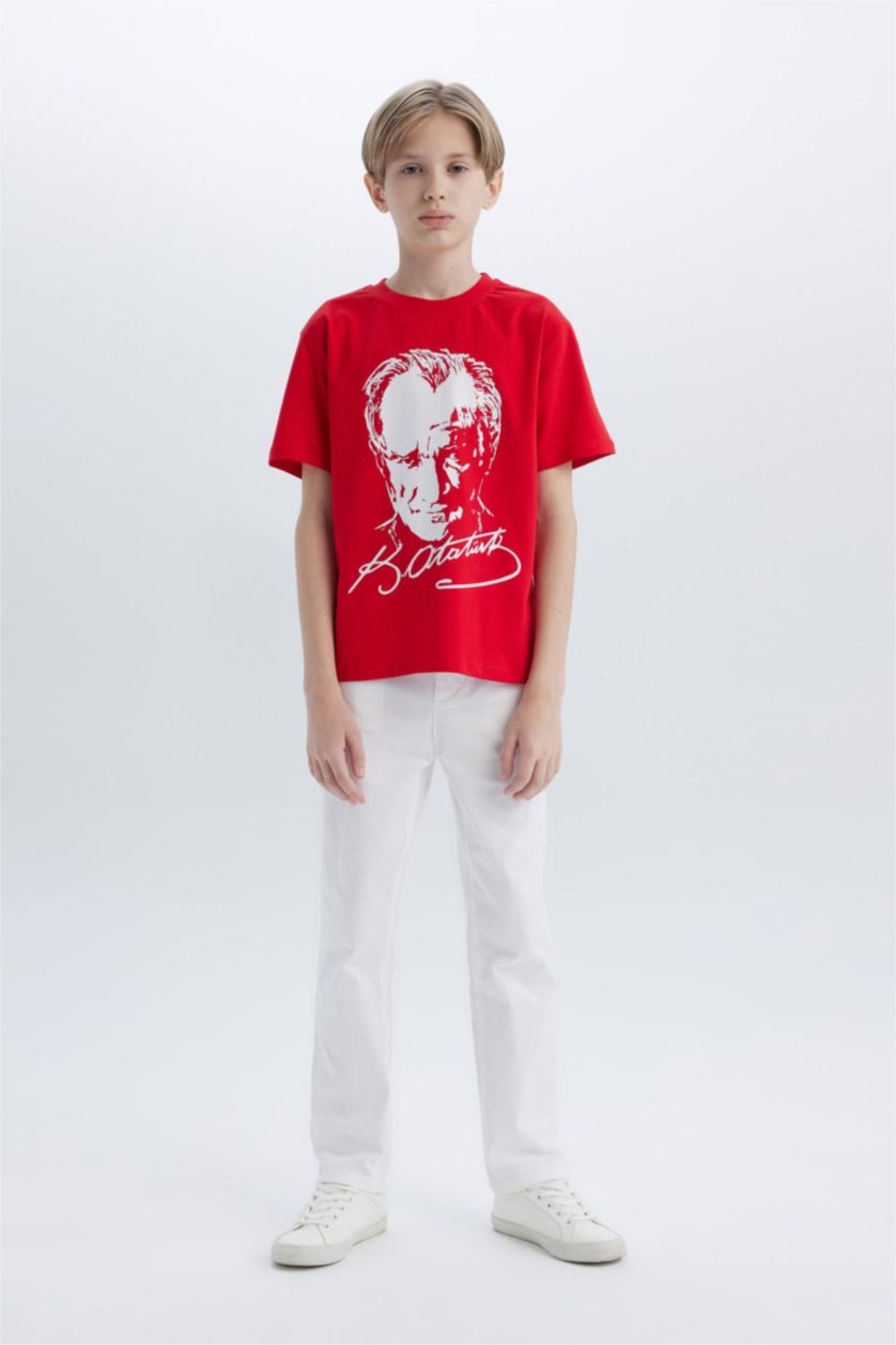 Erkek Çocuk - Genç Erkek Kırmızı Bisiklet Yaka Atatürk Baskılı Kısa Kollu Tişört Erkek Çocuk