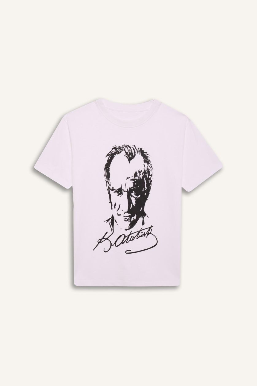 Erkek Çocuk - Genç Erkek Beyaz Bisiklet Yaka Atatürk Baskılı Kısa Kollu Tişört Erkek Çocuk