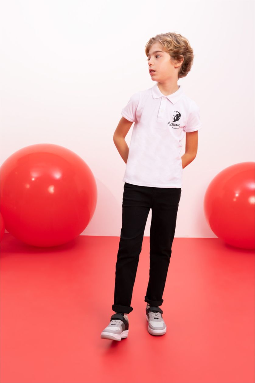 Erkek Çocuk - Genç Erkek Beyaz Erkek Çocuk 29 Ekim Cumhuriyet Bayramı Polo Yaka Pike Kısa Kollu Atatürk Baskılı Beyaz Tişört