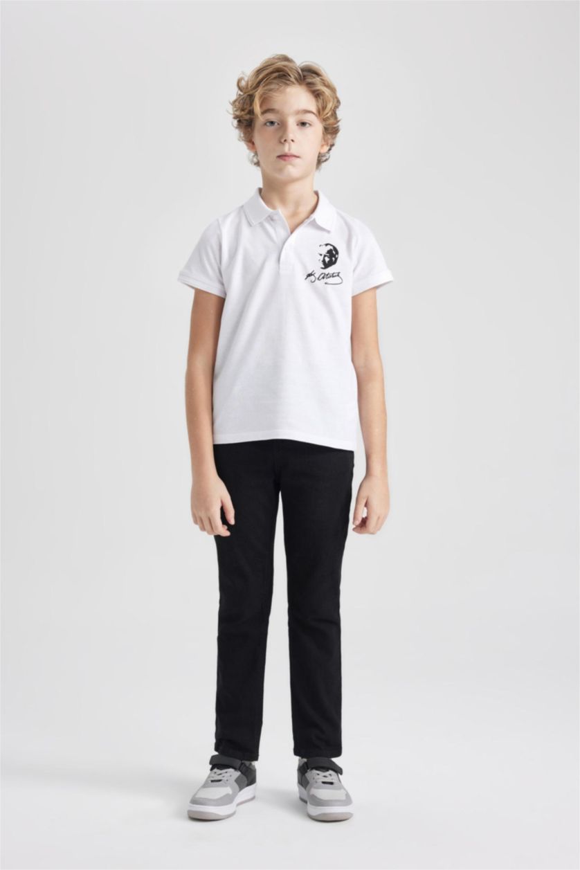 Erkek Çocuk - Genç Erkek Beyaz Erkek Çocuk 29 Ekim Cumhuriyet Bayramı Polo Yaka Pike Kısa Kollu Atatürk Baskılı Beyaz Tişört