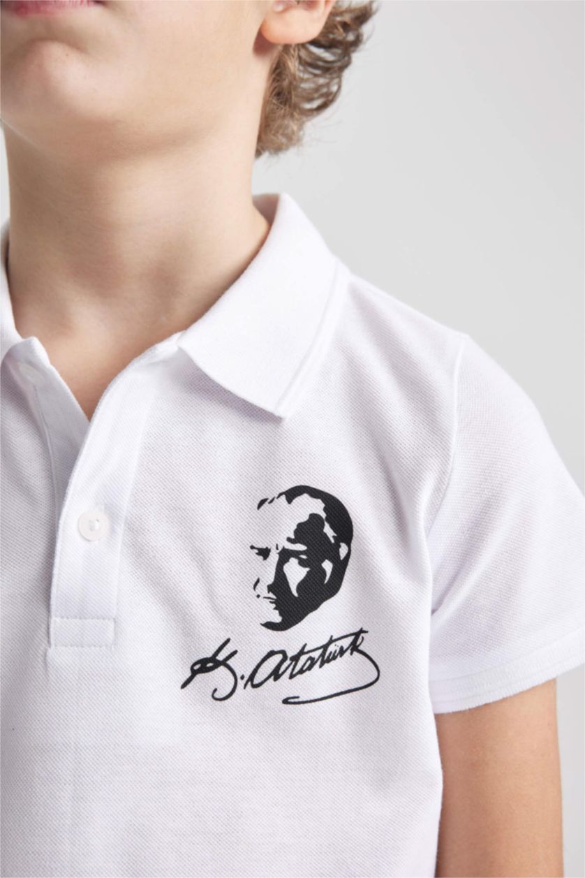 Erkek Çocuk - Genç Erkek Beyaz Erkek Çocuk 29 Ekim Cumhuriyet Bayramı Polo Yaka Pike Kısa Kollu Atatürk Baskılı Beyaz Tişört