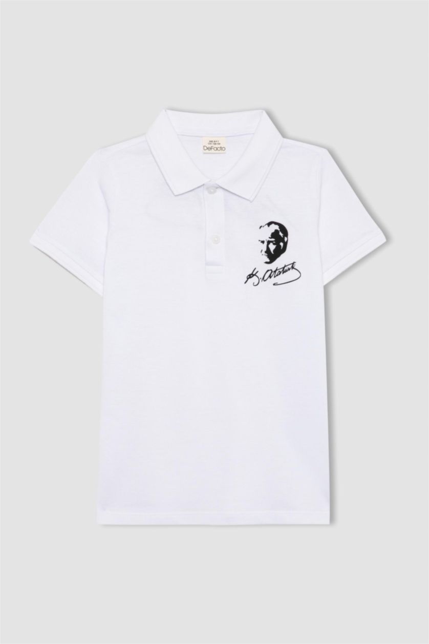 Erkek Çocuk - Genç Erkek Beyaz Erkek Çocuk 29 Ekim Cumhuriyet Bayramı Polo Yaka Pike Kısa Kollu Atatürk Baskılı Beyaz Tişört