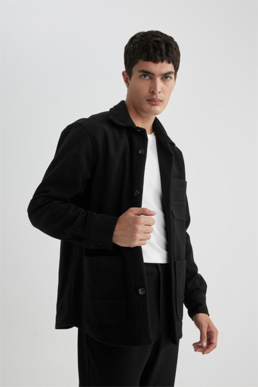 MAN Black Regular Fit Soft Fluffy Inside Cashmere Long Sleeve Shirt