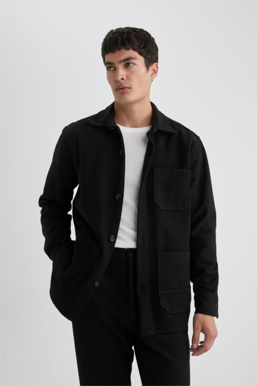 MAN Black Regular Fit Soft Fluffy Inside Cashmere Long Sleeve Shirt