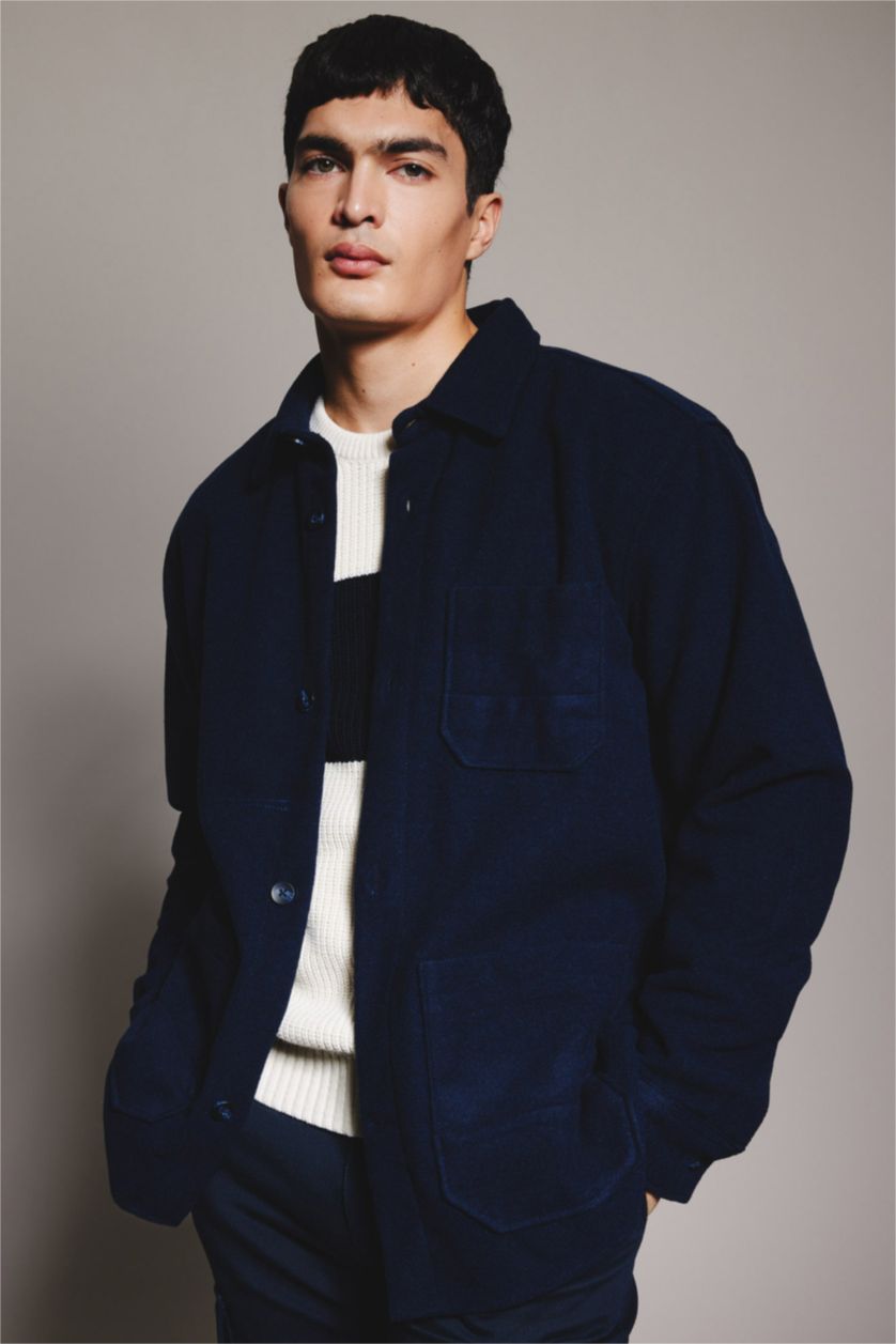 رجالي كحلي قميص جوخ كم طويل قصة عادية وبطانة ناعمة