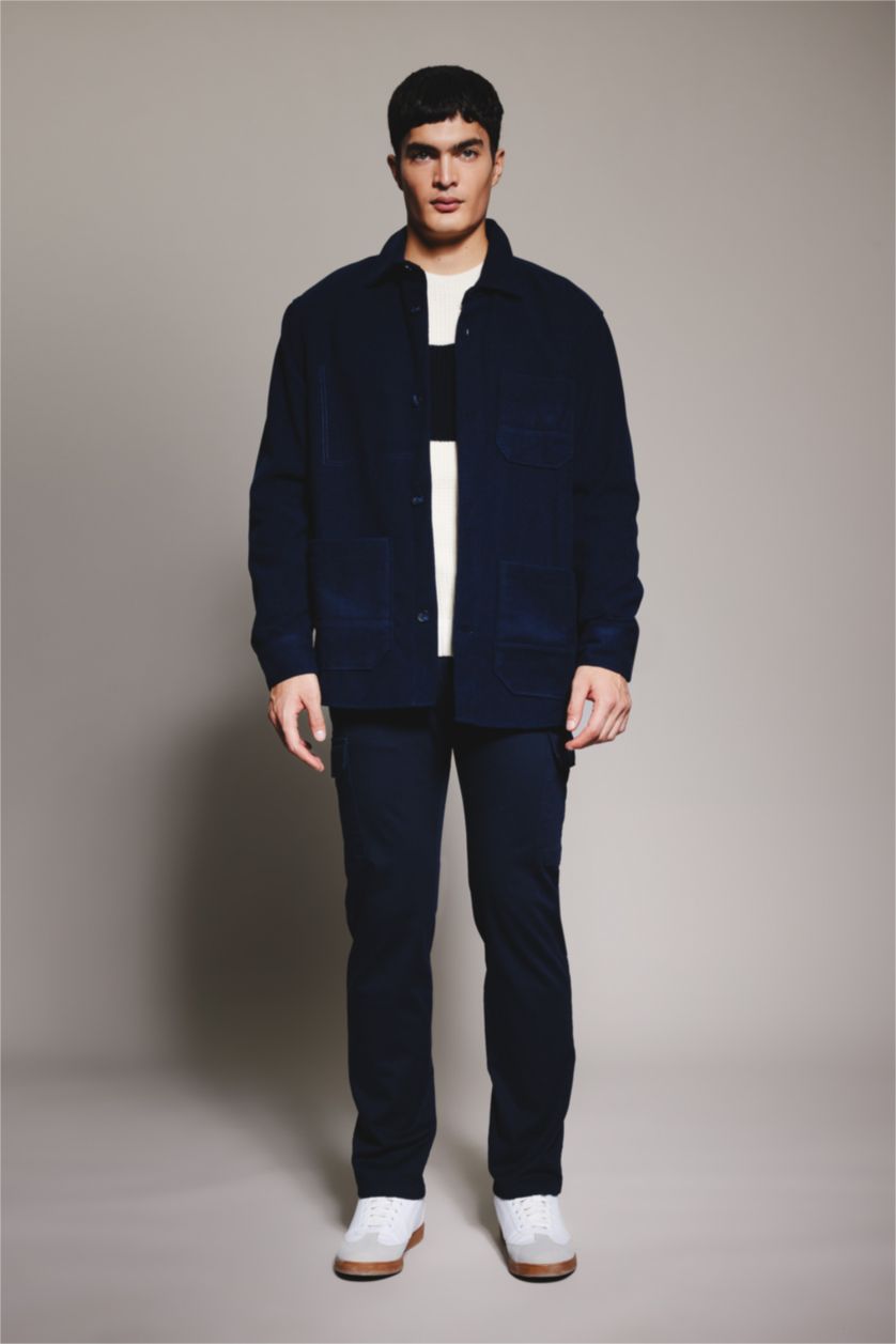 رجالي كحلي قميص جوخ كم طويل قصة عادية وبطانة ناعمة