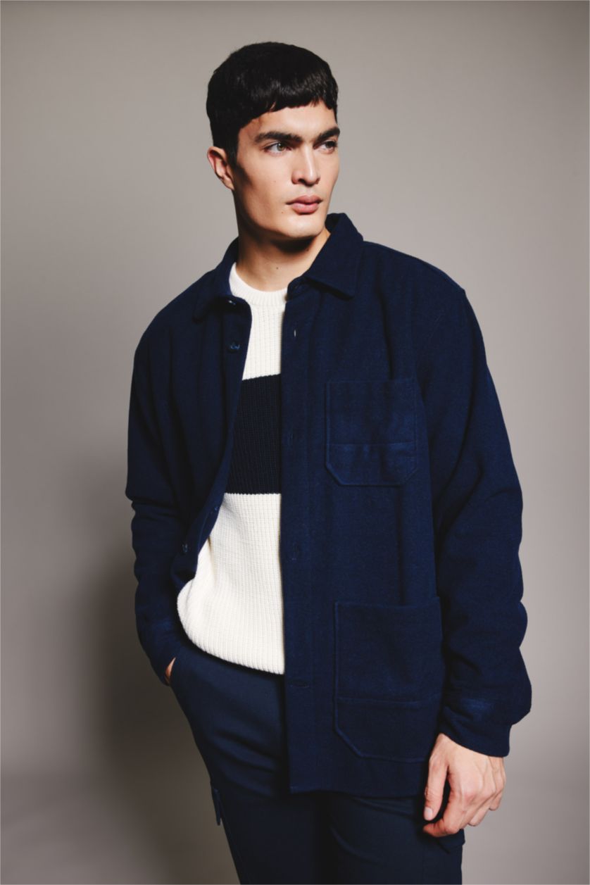 رجالي كحلي قميص جوخ كم طويل قصة عادية وبطانة ناعمة