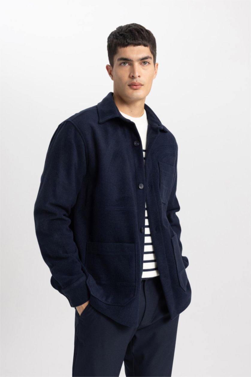 رجالي كحلي قميص جوخ كم طويل قصة عادية وبطانة ناعمة