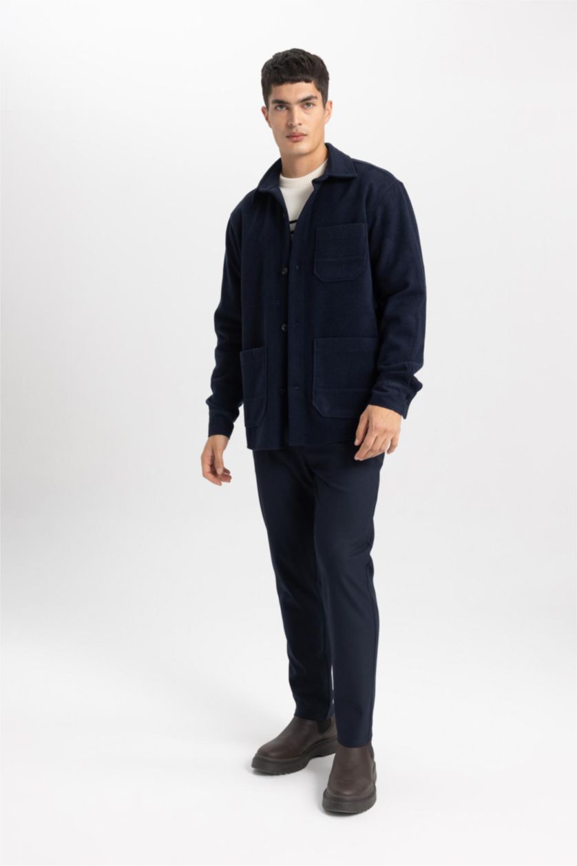 رجالي كحلي قميص جوخ كم طويل قصة عادية وبطانة ناعمة