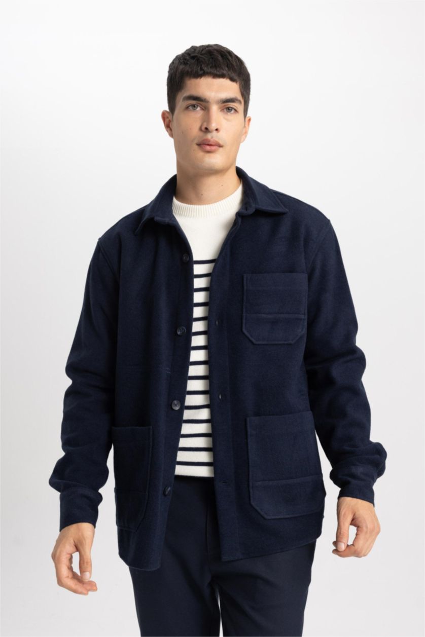 رجالي كحلي قميص جوخ كم طويل قصة عادية وبطانة ناعمة