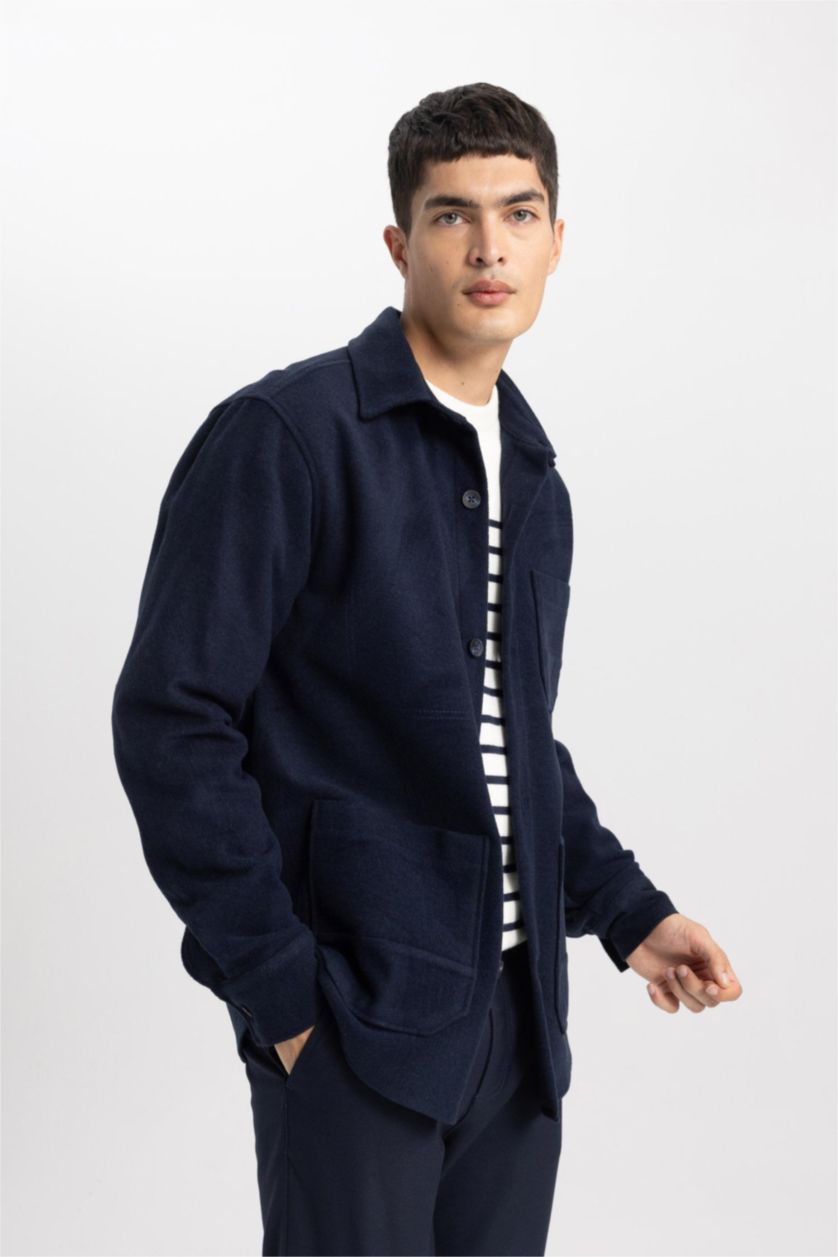 رجالي كحلي قميص جوخ كم طويل قصة عادية وبطانة ناعمة