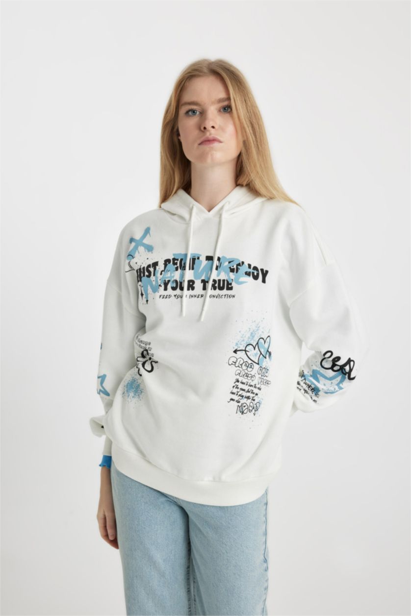 Kadın Kırık Beyaz Oversıze Kalın Kumaş Sweatshirt