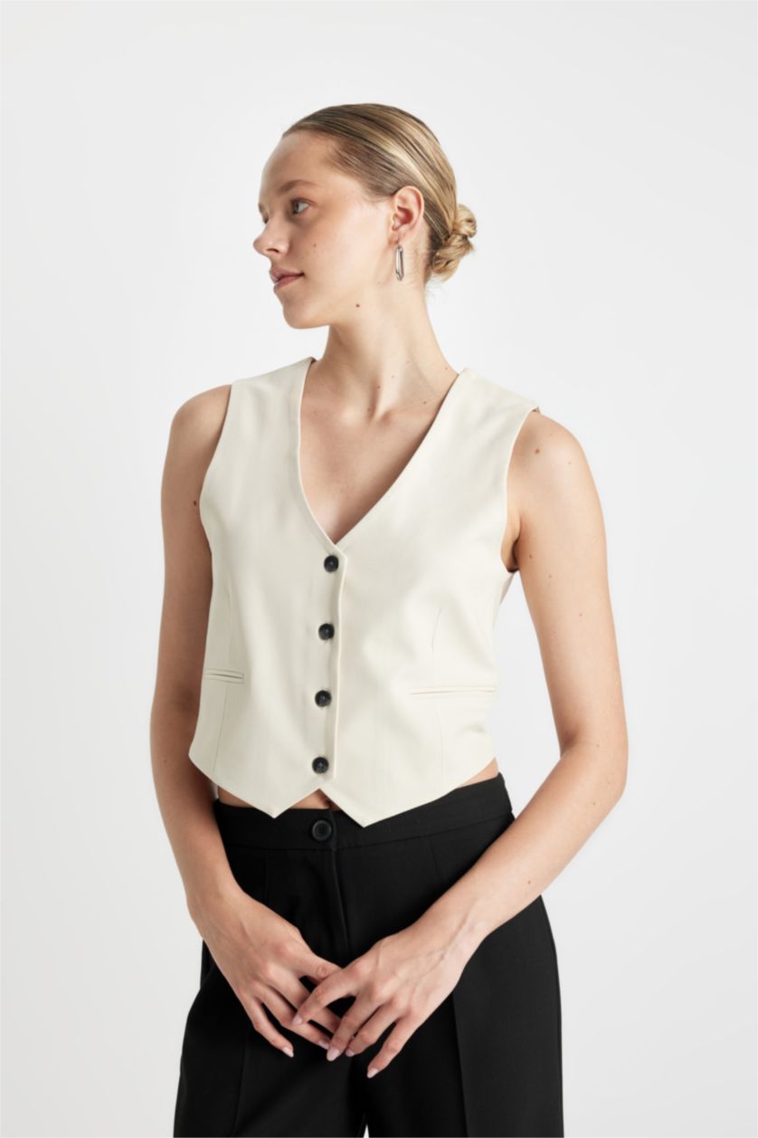 Kadın Kum V Yaka Blazer Yelek