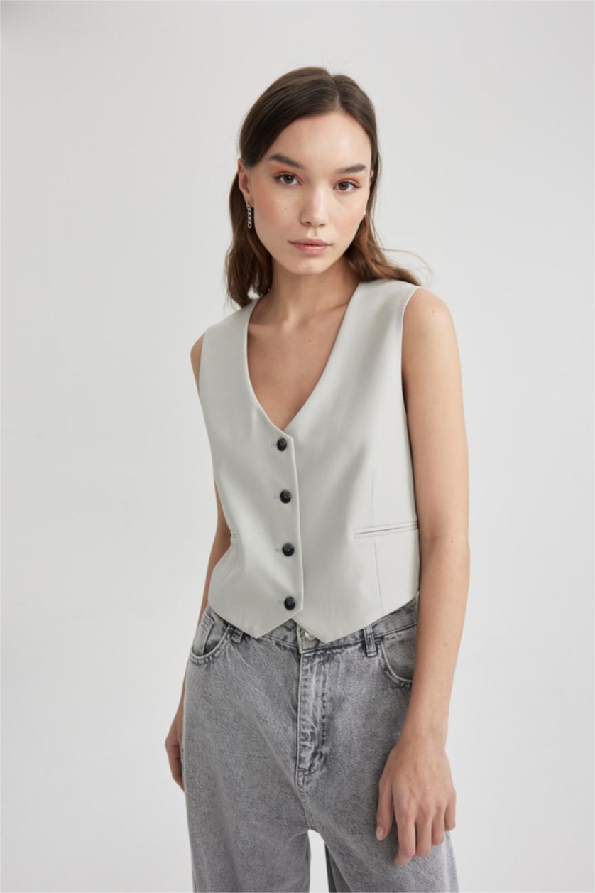 WOMAN Light Grey Melange Regular Fit Vest