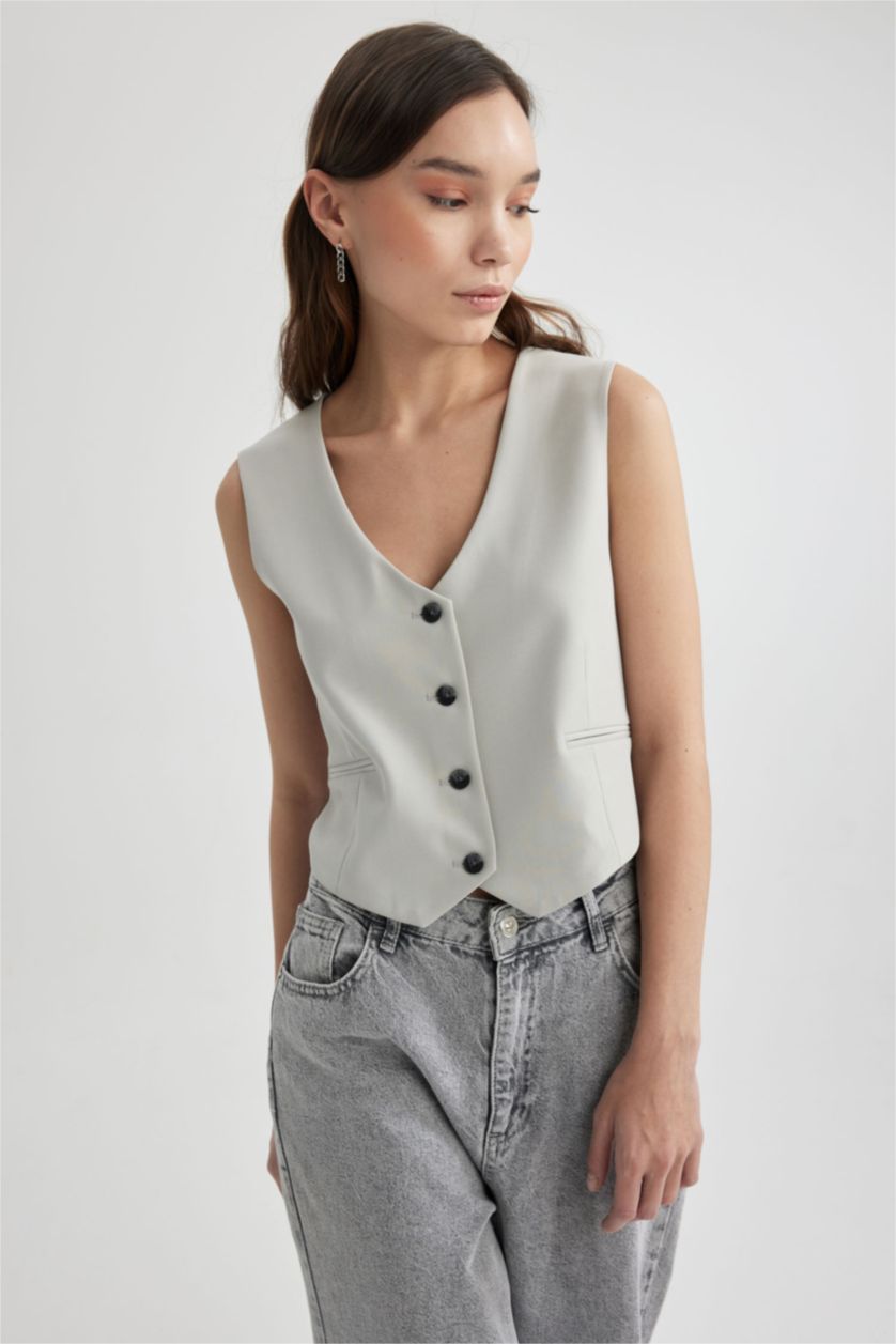WOMAN Light Grey Melange Regular Fit Vest