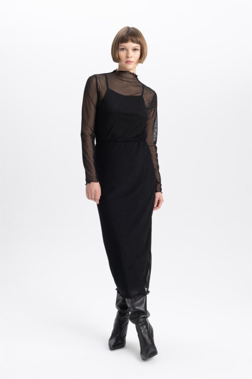 حريمي أسود بلوزة كم طويل تول سليم فيت هاي كول