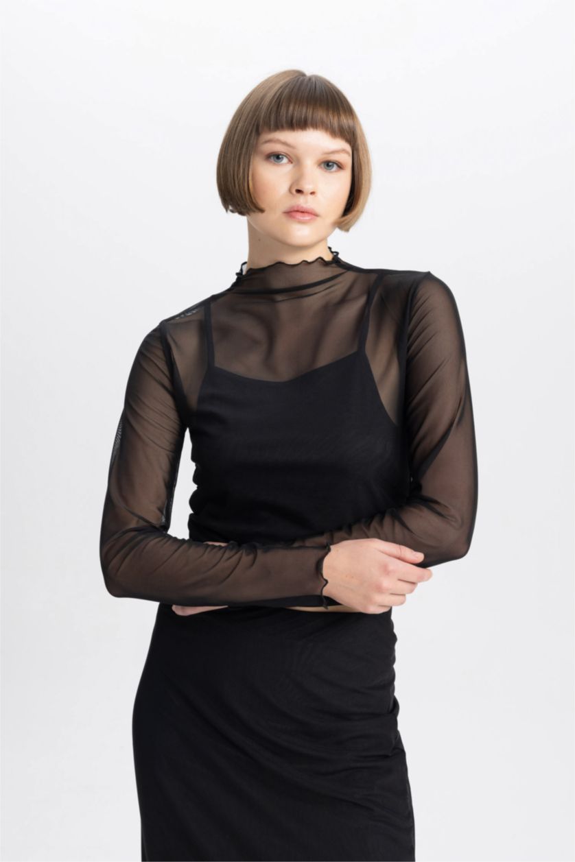 حريمي أسود بلوزة كم طويل تول سليم فيت هاي كول