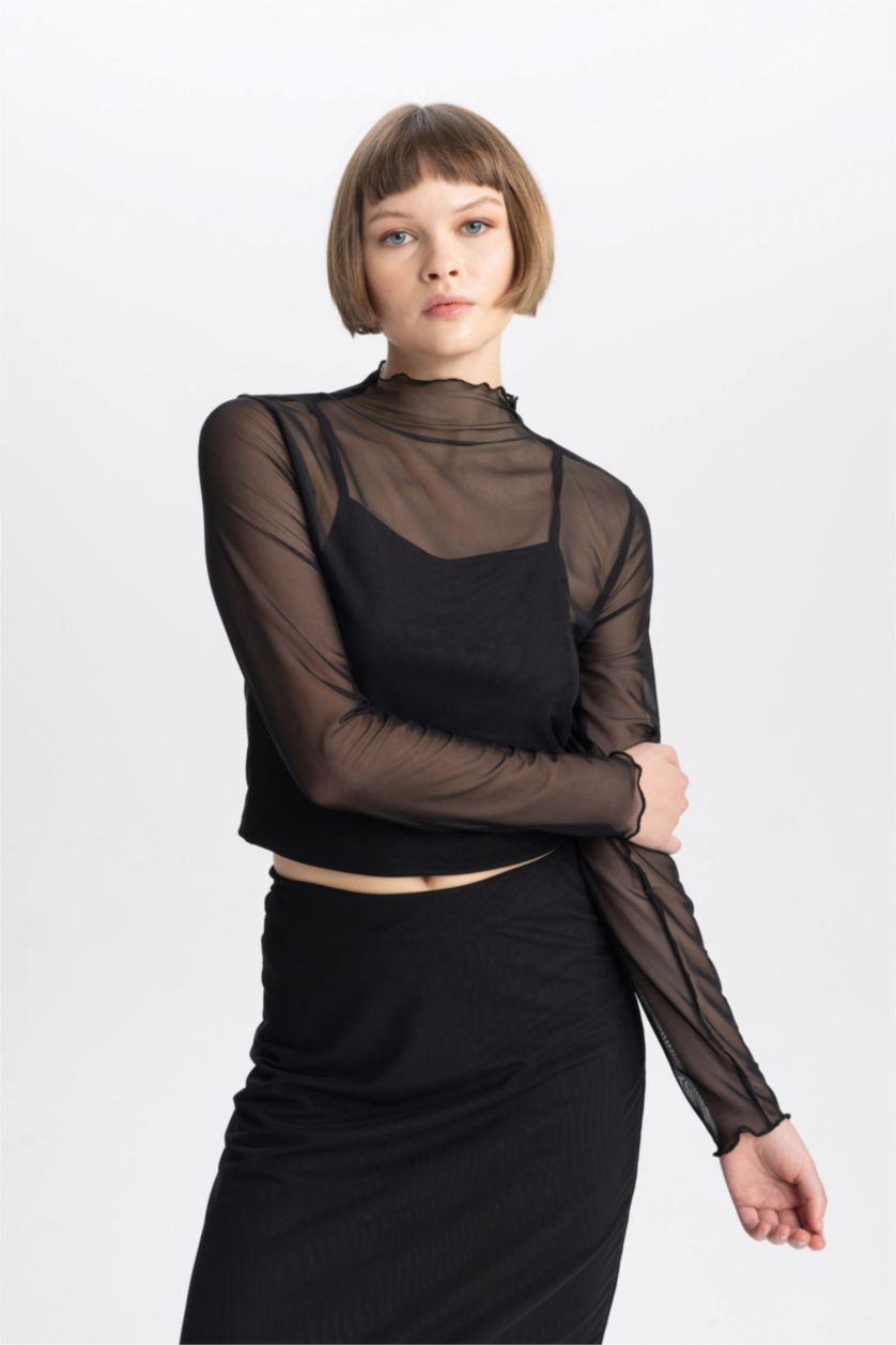 حريمي أسود بلوزة كم طويل تول سليم فيت هاي كول