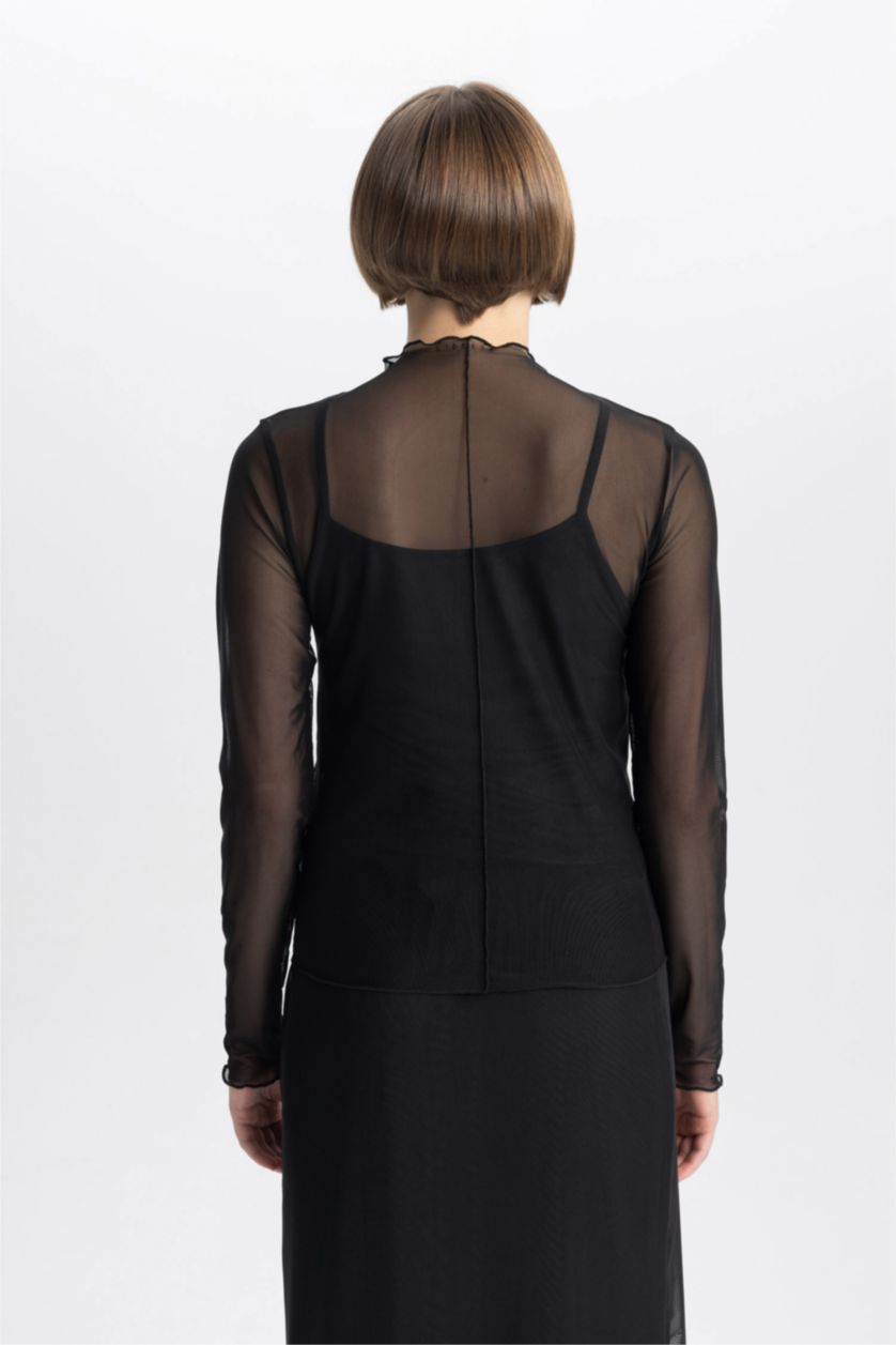 حريمي أسود بلوزة كم طويل تول سليم فيت هاي كول