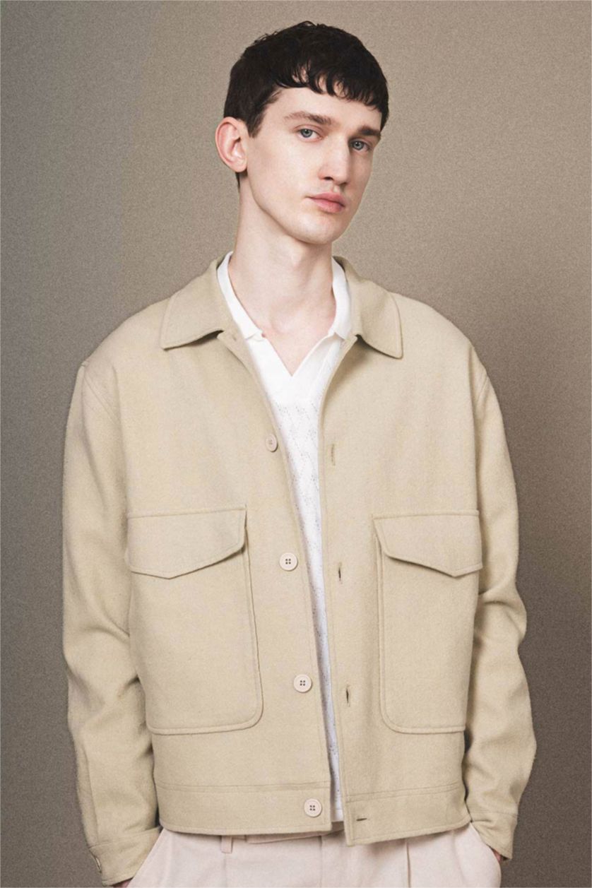 Erkek Bej Relax Fit Polo Yaka Astarlı Düğmeli Cepli Mevsimlik Baharlık Keten Ceket Mont