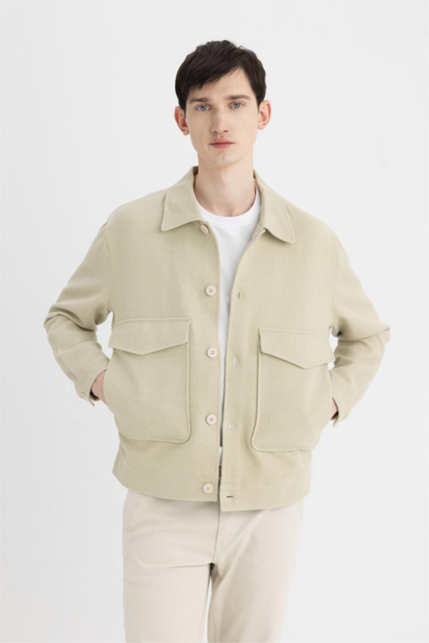 Erkek Bej Relax Fit Polo Yaka Astarlı Düğmeli Cepli Mevsimlik Baharlık Keten Ceket Mont