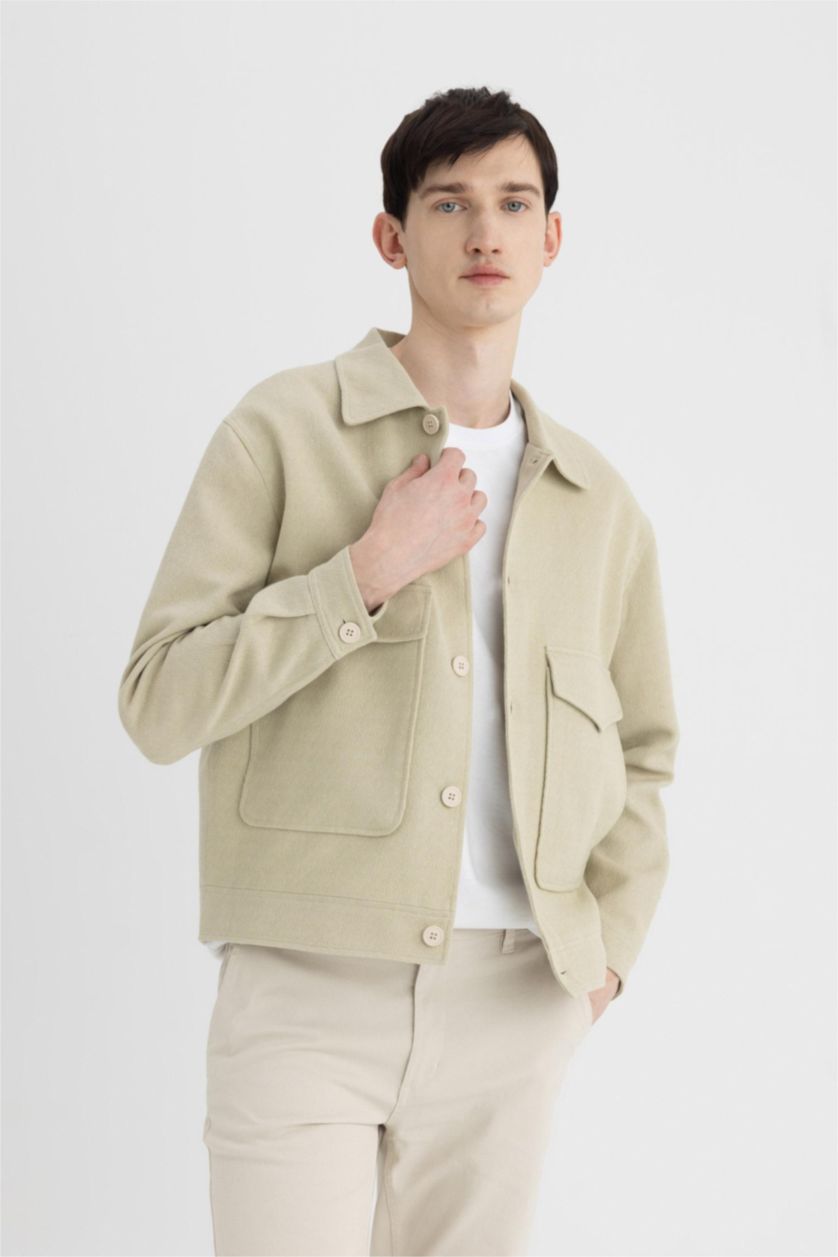 Erkek Bej Relax Fit Polo Yaka Astarlı Düğmeli Cepli Mevsimlik Baharlık Keten Ceket Mont