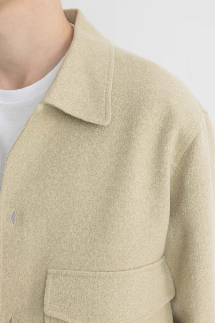 Erkek Bej Relax Fit Polo Yaka Astarlı Düğmeli Cepli Mevsimlik Baharlık Keten Ceket Mont