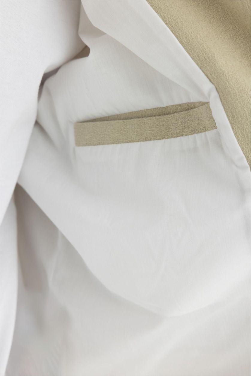 Erkek Bej Relax Fit Polo Yaka Astarlı Düğmeli Cepli Mevsimlik Baharlık Keten Ceket Mont