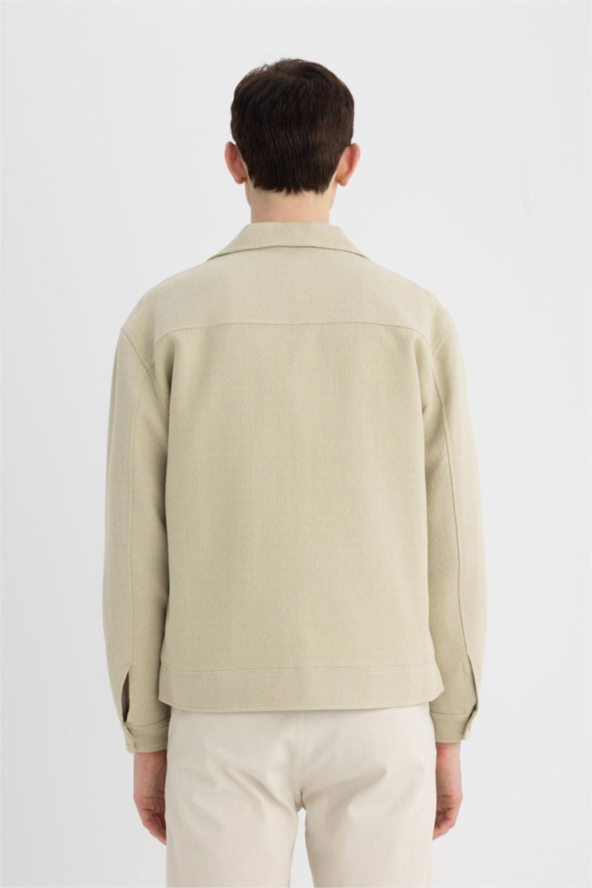 Erkek Bej Relax Fit Polo Yaka Astarlı Düğmeli Cepli Mevsimlik Baharlık Keten Ceket Mont