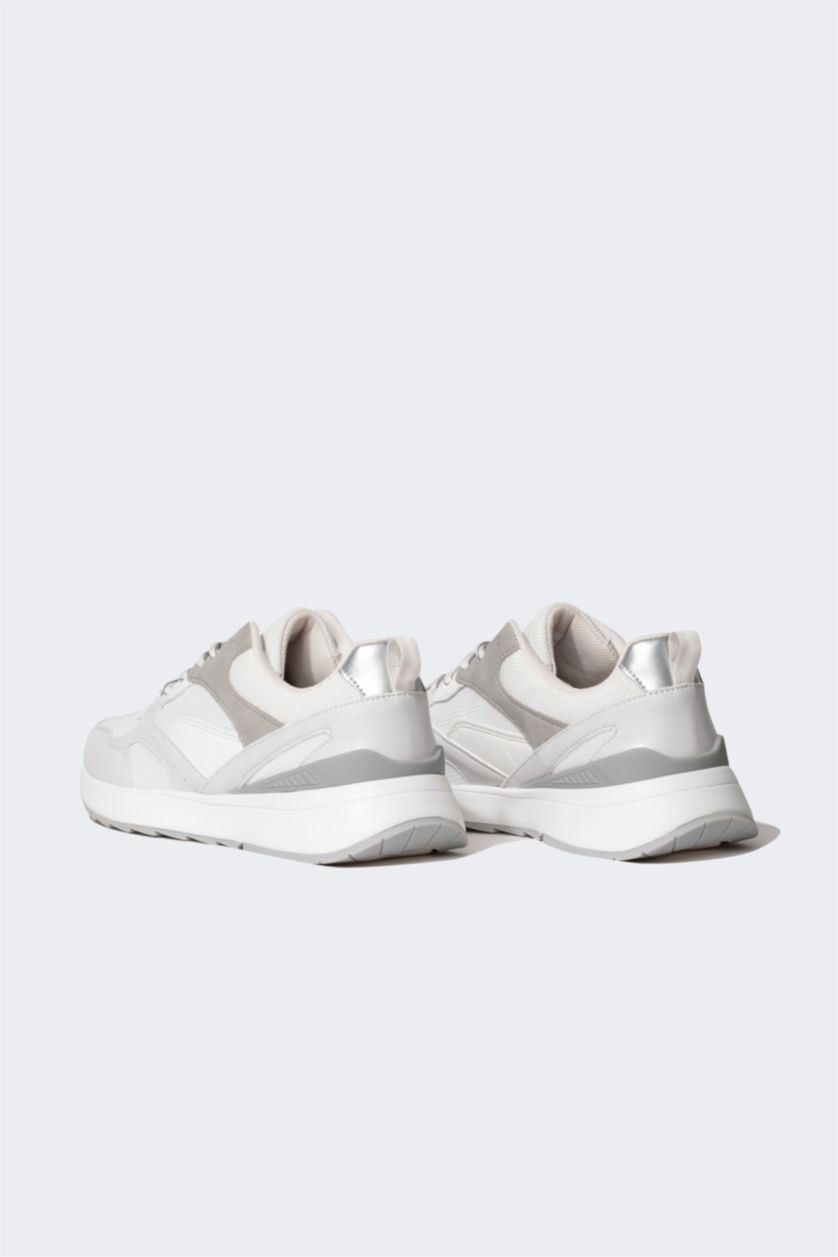 WOMAN Grey Woman Flat Sole Lace up Faux Leather Sneakers