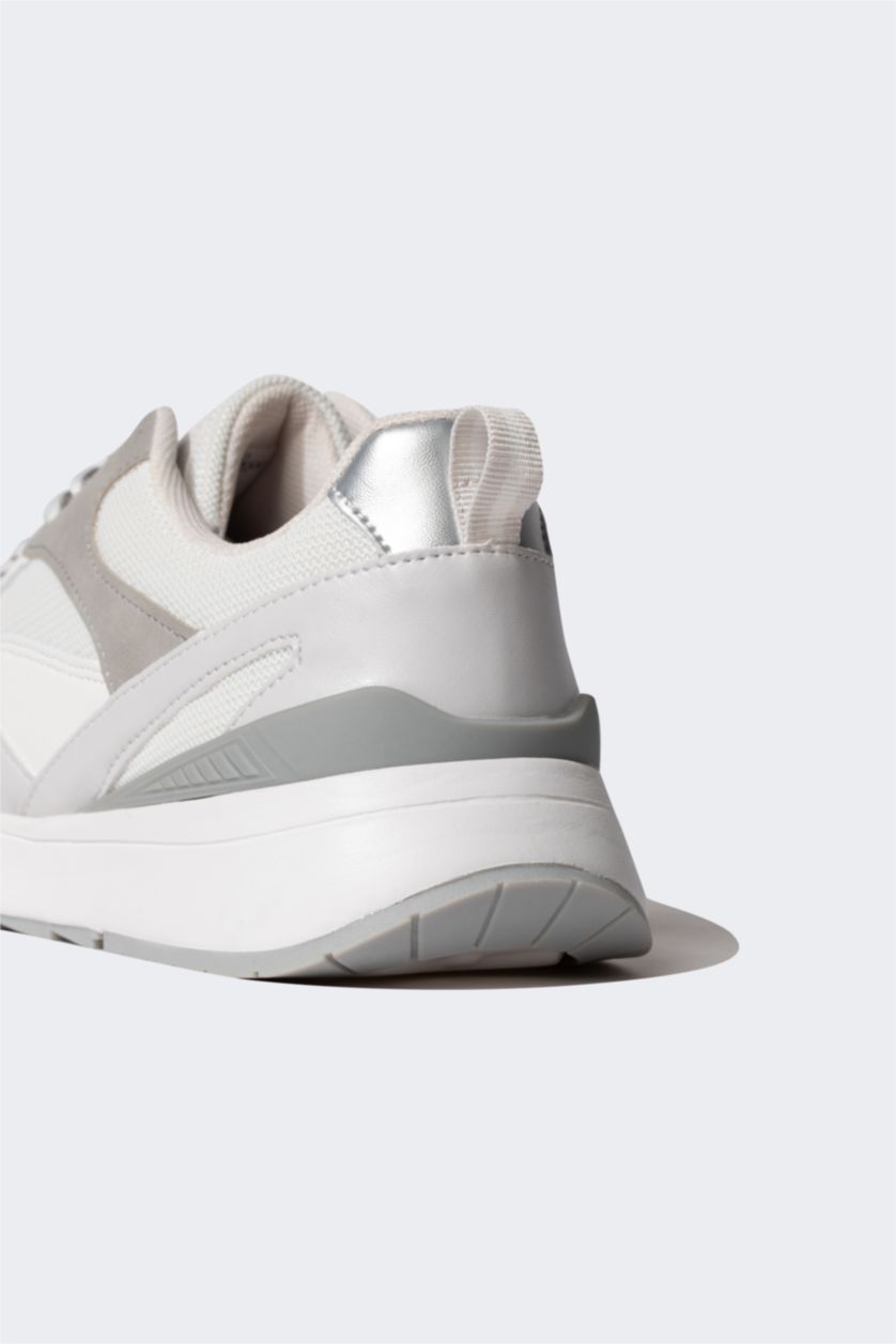 WOMAN Grey Woman Flat Sole Lace up Faux Leather Sneakers